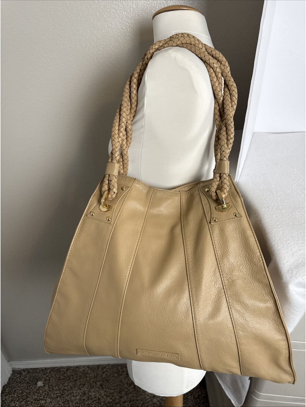 BCBG MaxAzria Large Leather Nude Tan Sienna Tote Bag Purse Braided Strap NWT